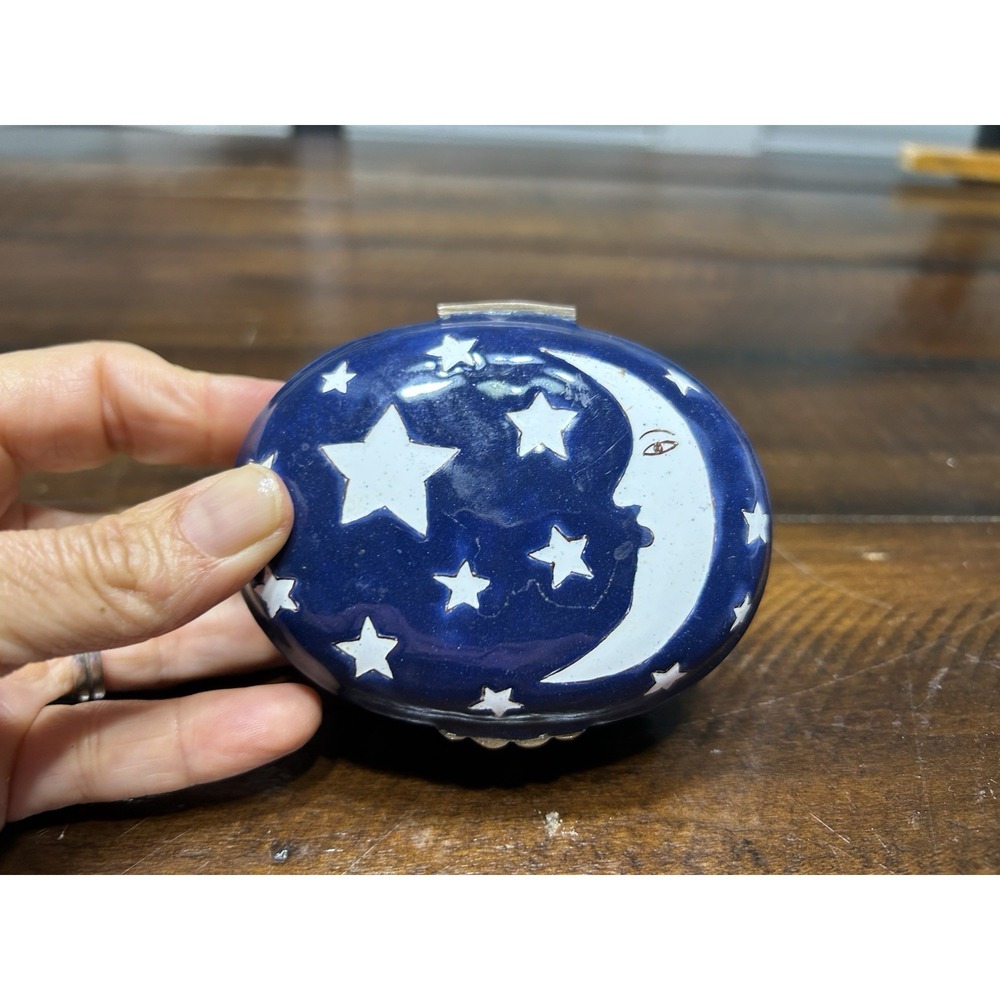 Vintage Hinged Trinket Box Cloisonne Enamel Moon Stars Celestial Numbered